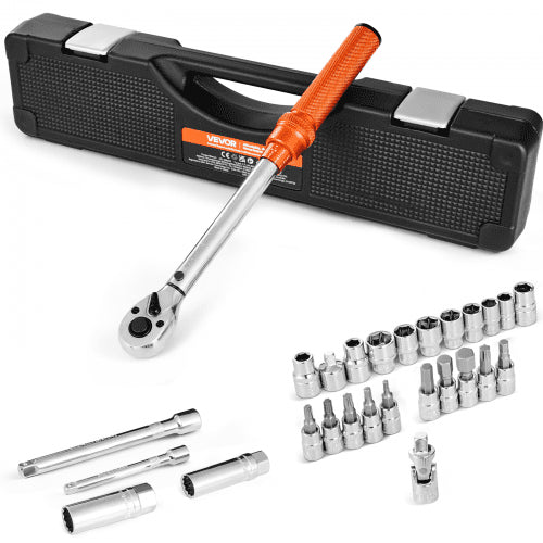 Drehmomentschlüssel-Set, 3/8"-Antrieb, 5–60 Nm / 3,7–44,3 lbf·ft, bidirektional, 72 Zähne, ±3 % hohe Präzision, mit Steckschlüsseln, Bits, Verlängerung, Zündkerzensteckschlüsseln, Adapter, Orange