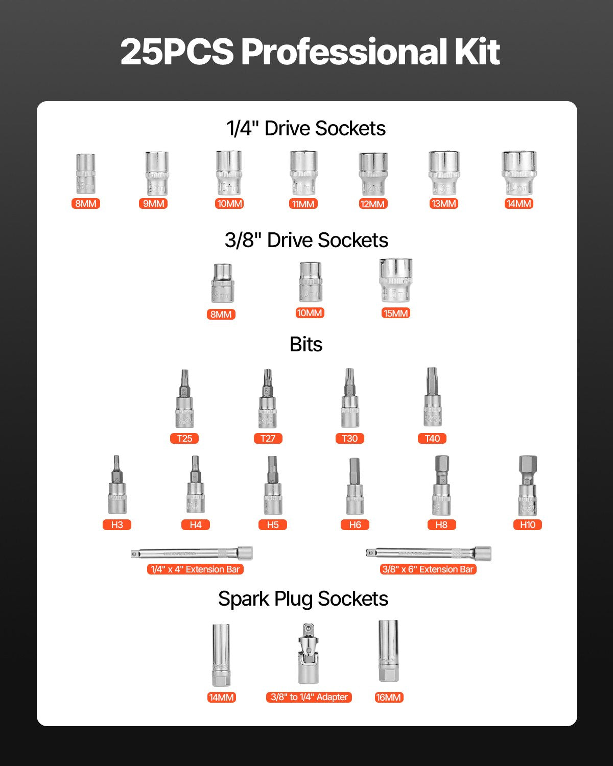 Drehmomentschlüssel-Set, 3/8"-Antrieb, 5–60 Nm / 3,7–44,3 lbf·ft, bidirektional, 72 Zähne, ±3 % hohe Präzision, mit Steckschlüsseln, Bits, Verlängerung, Zündkerzensteckschlüsseln, Adapter, Orange
