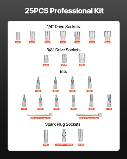Drehmomentschlüssel-Set, 3/8"-Antrieb, 5–60 Nm / 3,7–44,3 lbf·ft, bidirektional, 72 Zähne, ±3 % hohe Präzision, mit Steckschlüsseln, Bits, Verlängerung, Zündkerzensteckschlüsseln, Adapter, Orange