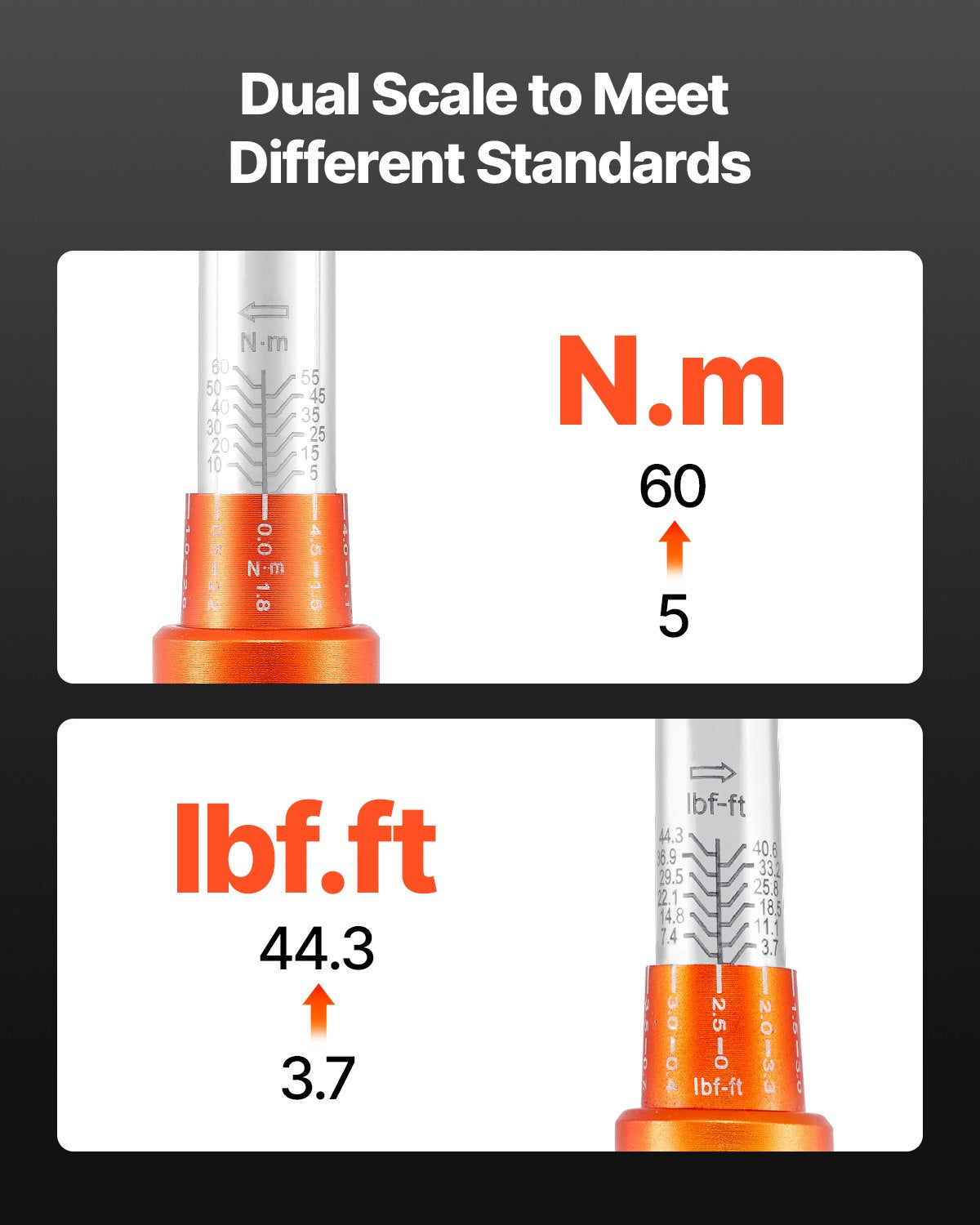 Drehmomentschlüssel-Set, 3/8"-Antrieb, 5–60 Nm / 3,7–44,3 lbf·ft, bidirektional, 72 Zähne, ±3 % hohe Präzision, mit Steckschlüsseln, Bits, Verlängerung, Zündkerzensteckschlüsseln, Adapter, Orange