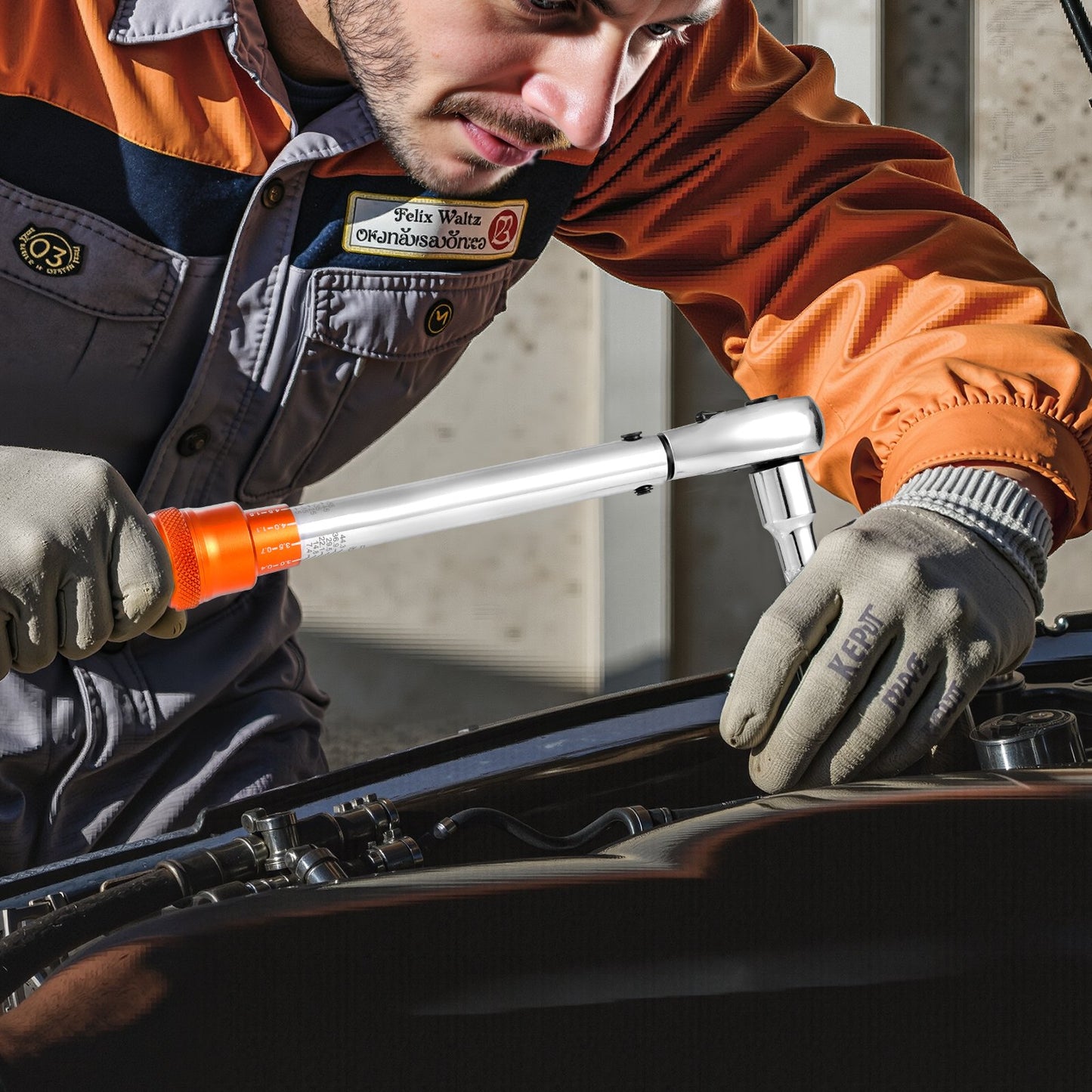 Drehmomentschlüssel-Set, 3/8"-Antrieb, 5–60 Nm / 3,7–44,3 lbf·ft, bidirektional, 72 Zähne, ±3 % hohe Präzision, mit Steckschlüsseln, Bits, Verlängerung, Zündkerzensteckschlüsseln, Adapter, Orange