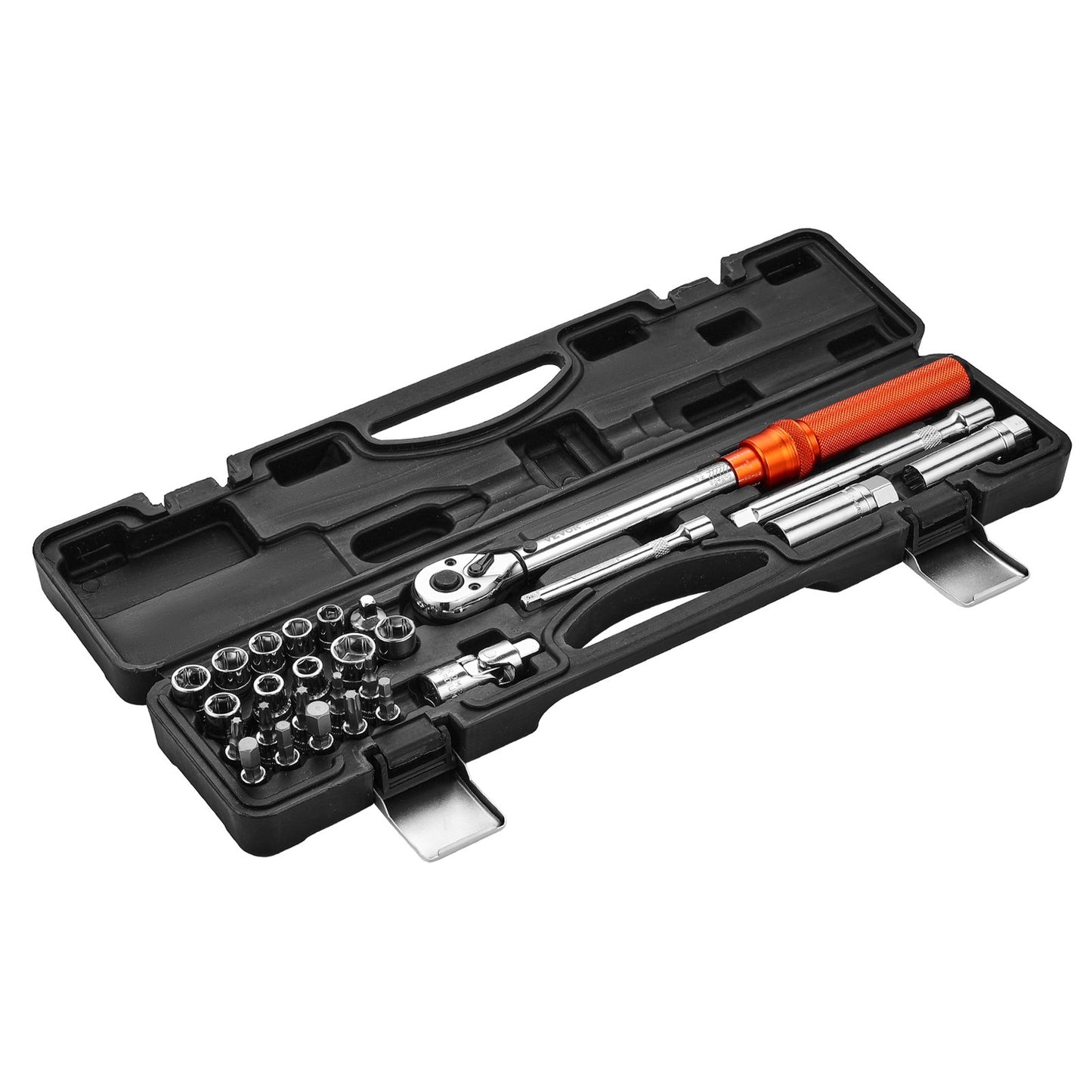Drehmomentschlüssel-Set, 3/8"-Antrieb, 5–60 Nm / 3,7–44,3 lbf·ft, bidirektional, 72 Zähne, ±3 % hohe Präzision, mit Steckschlüsseln, Bits, Verlängerung, Zündkerzensteckschlüsseln, Adapter, Orange