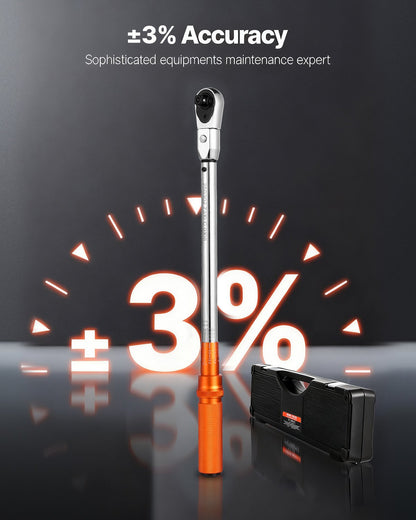 Verstellbarer Drehmomentschlüssel mit Klickfunktion, 1/2"-Antrieb, 20–160 lbf-ft/27,1–216,8 Nm, Skala mit zwei Messrichtungen und zwei Messbereichen, 72 Zähne, ±2 % Genauigkeit, mit austauschbarem Backen- und Ratschenkopfadapter