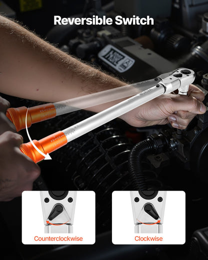 Verstellbarer Drehmomentschlüssel mit Klickfunktion, 1/2"-Antrieb, 20–160 lbf-ft/27,1–216,8 Nm, Skala mit zwei Messrichtungen und zwei Messbereichen, 72 Zähne, ±2 % Genauigkeit, mit austauschbarem Backen- und Ratschenkopfadapter