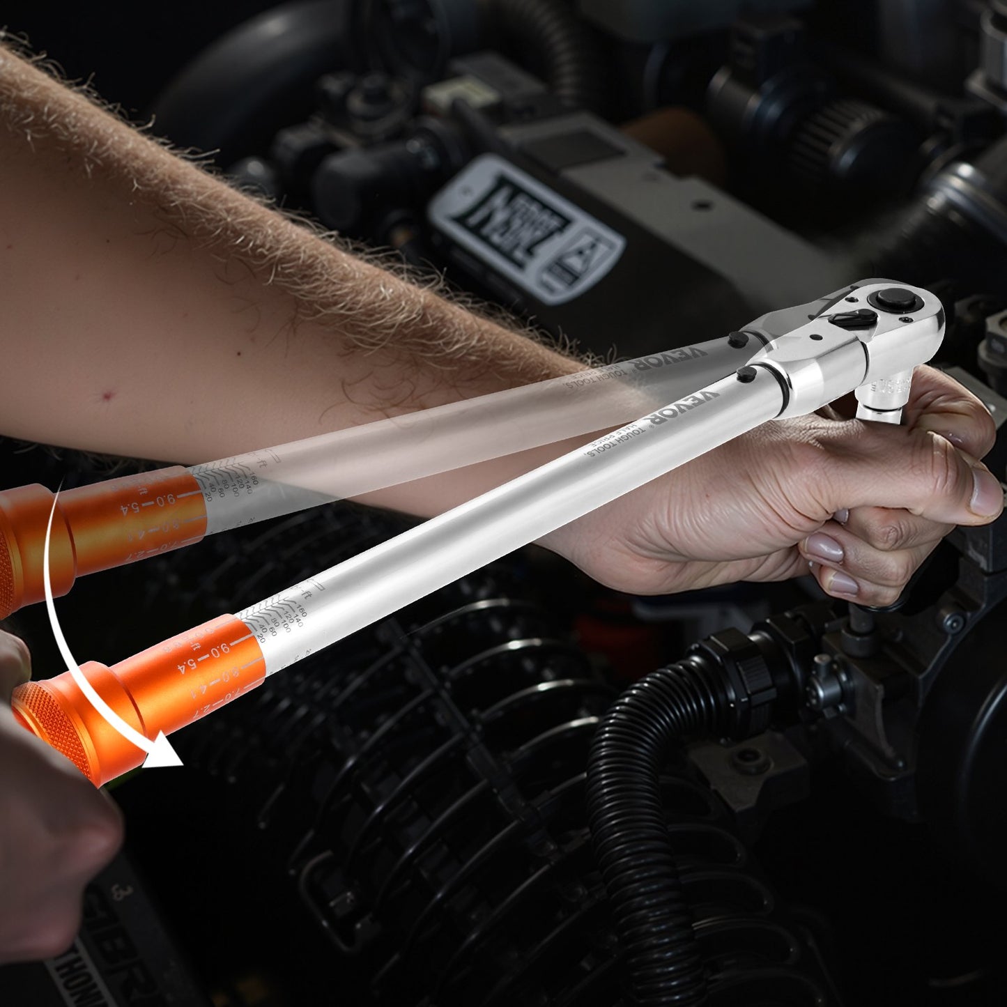 Verstellbarer Drehmomentschlüssel mit Klickfunktion, 1/2"-Antrieb, 20–160 lbf-ft/27,1–216,8 Nm, Skala mit zwei Messrichtungen und zwei Messbereichen, 72 Zähne, ±2 % Genauigkeit, mit austauschbarem Backen- und Ratschenkopfadapter