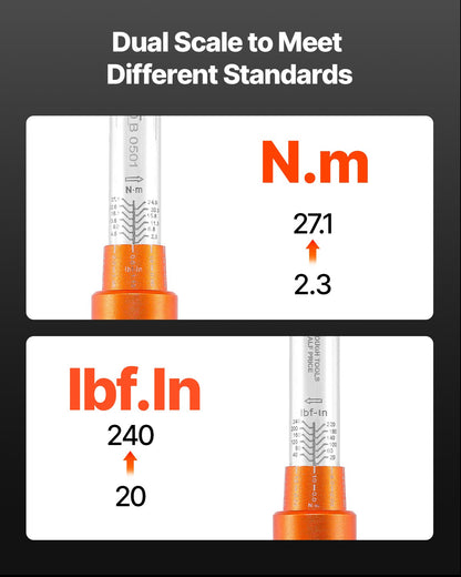 Drehmomentschlüssel-Set, 1/4"-Antrieb, 20–240 lbf-in / 2,3–27,1 Nm, bidirektionale und zweistufige Skala, 72 Zähne, ±3 % hohe Präzision, mit Bits, Steckschlüsseln, Adaptern und Verlängerung, Orange