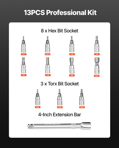 Drehmomentschlüssel-Set mit Klickmechanismus, 1/4-Zoll-Antrieb, 20–200 lbf-in/2,3–22,6 Nm, bidirektionale und zweistufige Skala, 72 Zähne, ±3 % hohe Präzision, mit Bit-Einsätzen und Verlängerung, für Fahrradreparaturen, Orange