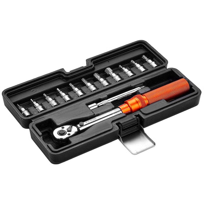 Drehmomentschlüssel-Set mit Klickmechanismus, 1/4-Zoll-Antrieb, 20–200 lbf-in/2,3–22,6 Nm, bidirektionale und zweistufige Skala, 72 Zähne, ±3 % hohe Präzision, mit Bit-Einsätzen und Verlängerung, für Fahrradreparaturen, Orange