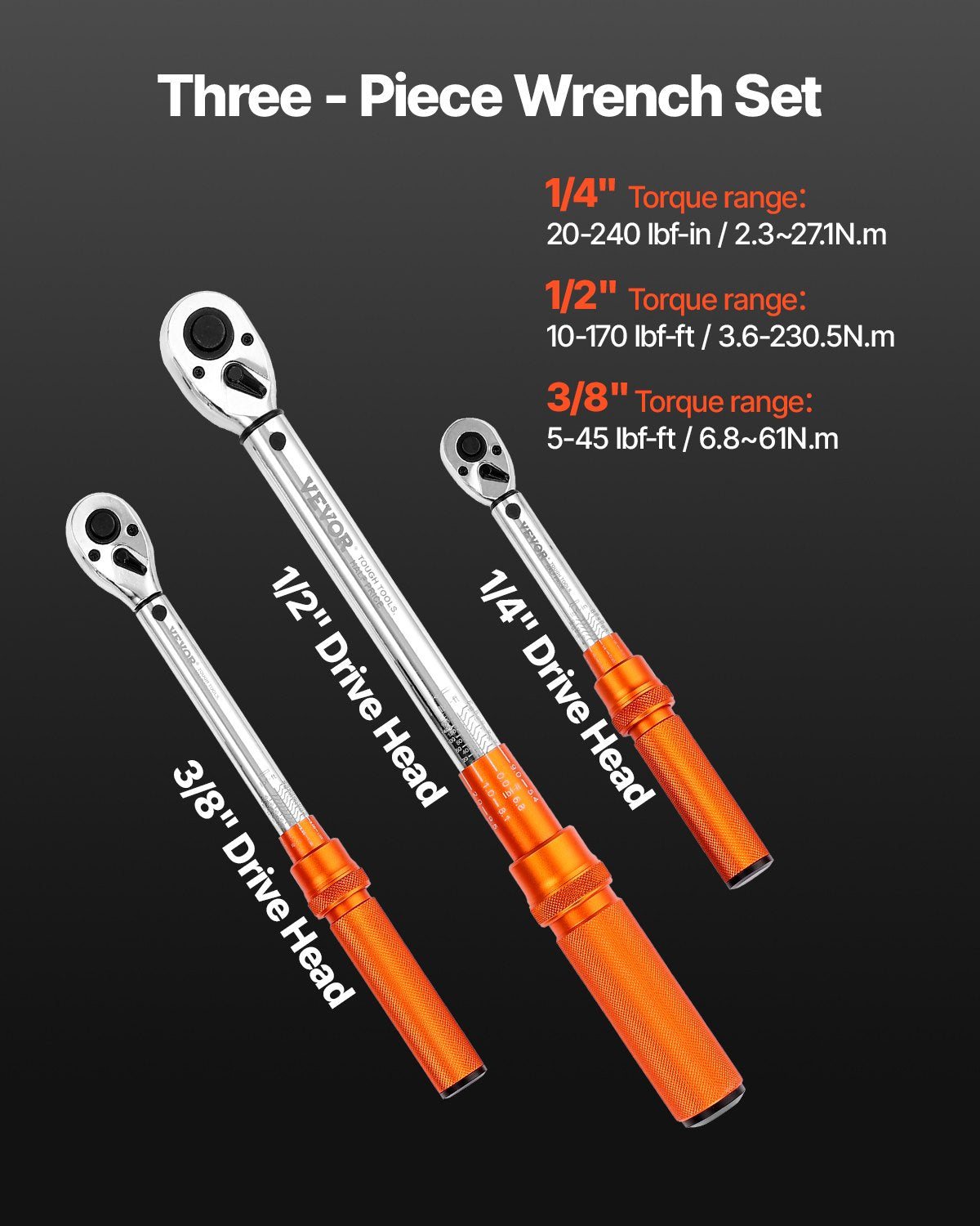 Click Torque Wrench Set, 3 Pieces, 1/4, 3/8, 1/2 Inch Drive, 10-170 lbf-ft, 5-45 lbf-ft, 20-240 lbf-in, Dual-direction and Dual Range Scales, 72-Tooth, ±3% High Precision, for Bicycle Repair
