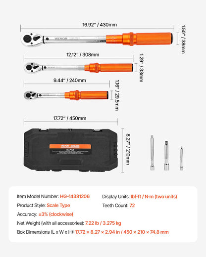 Click Torque Wrench Set, 3 Pieces, 1/4, 3/8, 1/2 Inch Drive, 10-170 lbf-ft, 5-45 lbf-ft, 20-240 lbf-in, Dual-direction and Dual Range Scales, 72-Tooth, ±3% High Precision, for Bicycle Repair