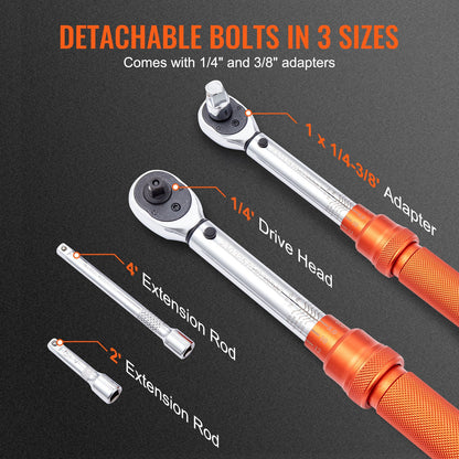 Torque Wrench, 0.6 cm Drive Click Torque Wrench 20-200in.lb/3-23n.m, Dual-Direction Adjustable Torque Wrench Set, Mechanical Dual Range Scales Torque Wrench Kit with Adapters Extension Rod