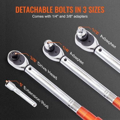 Torque Wrench, 1.3 cm Drive Click Torque Wrench 10-150ft.lb/14-204n.m, Dual-Direction Adjustable Torque Wrench Set, Mechanical Dual Range Scales Torque Wrench Kit with Adapters Extension Rod