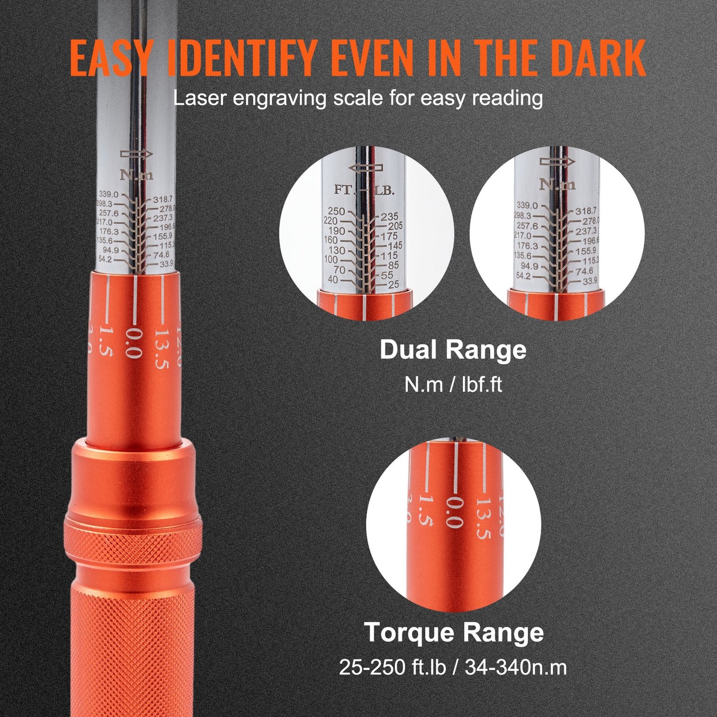 Torque Wrench, 1.3 cm Drive Click Torque Wrench 20-250ft.lb/34-340n.m, Dual-Direction Adjustable Torque Wrench Set, Mechanical Dual Range Scales Torque Wrench Kit with Adapters Extension Rod