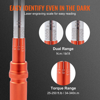 Torque Wrench, 1.3 cm Drive Click Torque Wrench 20-250ft.lb/34-340n.m, Dual-Direction Adjustable Torque Wrench Set, Mechanical Dual Range Scales Torque Wrench Kit with Adapters Extension Rod