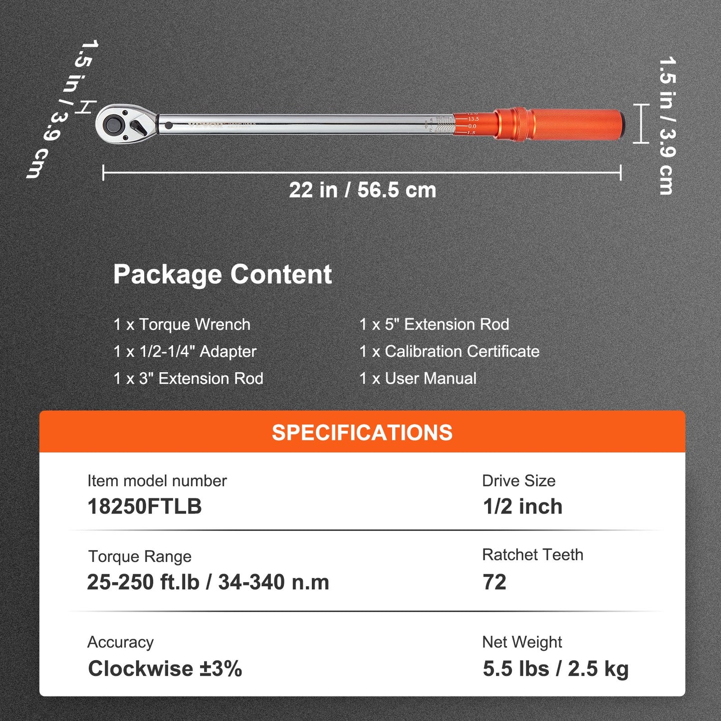 Torque Wrench, 1.3 cm Drive Click Torque Wrench 20-250ft.lb/34-340n.m, Dual-Direction Adjustable Torque Wrench Set, Mechanical Dual Range Scales Torque Wrench Kit with Adapters Extension Rod