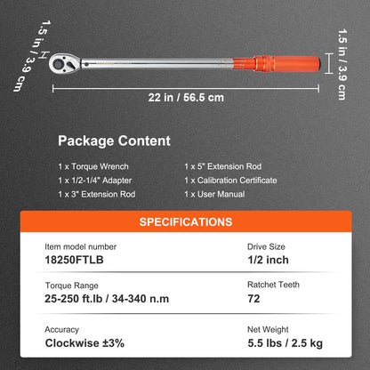 Torque Wrench, 1.3 cm Drive Click Torque Wrench 20-250ft.lb/34-340n.m, Dual-Direction Adjustable Torque Wrench Set, Mechanical Dual Range Scales Torque Wrench Kit with Adapters Extension Rod