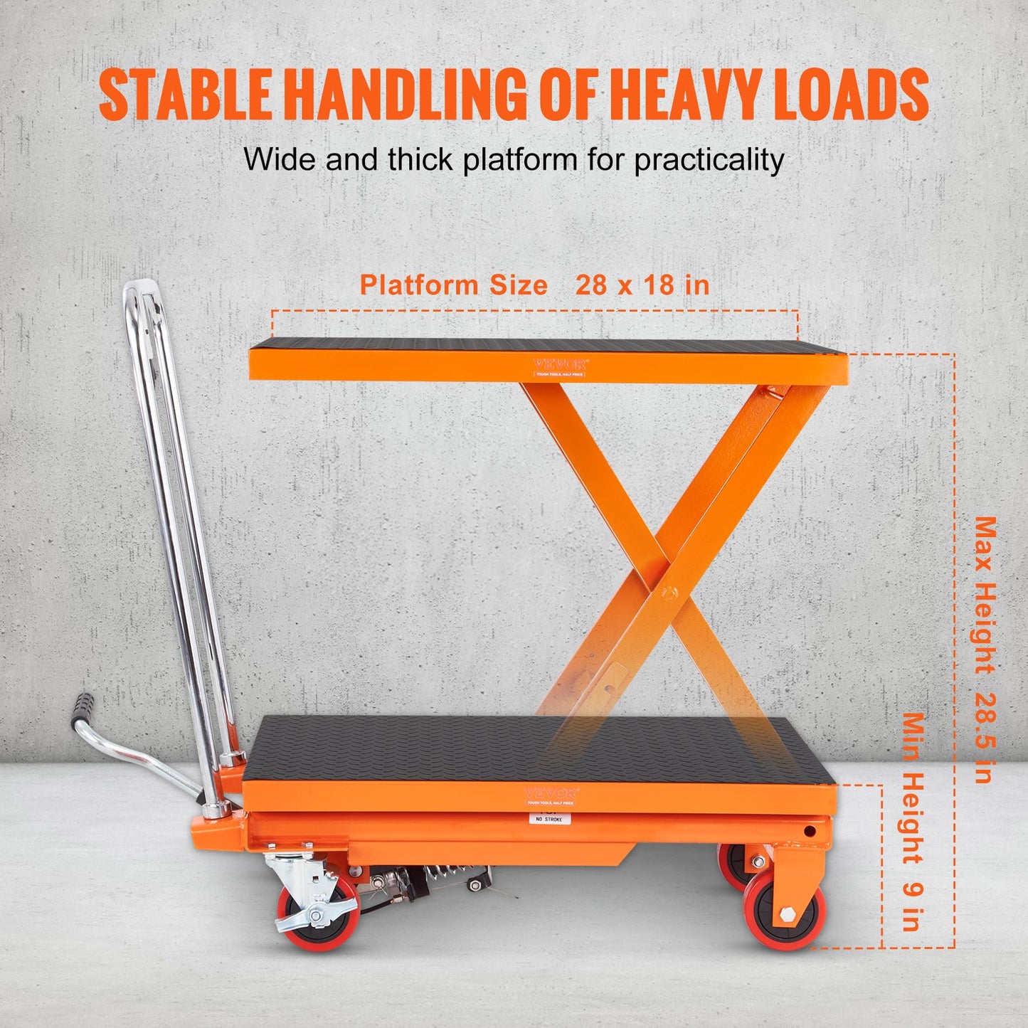 Hydraulic Lift Table Cart, 500lbs Capacity 28.5" Lifting Height, Manual Single Scissor Lift Table with 4 Wheels and Non-slip Pad, Hydraulic Scissor Cart for Material Handling, Orange