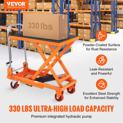 Hydraulic Lift Table Cart, 330lbs Capacity 28.5" Lifting Height, Manual Single Scissor Lift Table with 4 Wheels and Non-slip Pad, Hydraulic Scissor Cart for Material Handling and Transportation