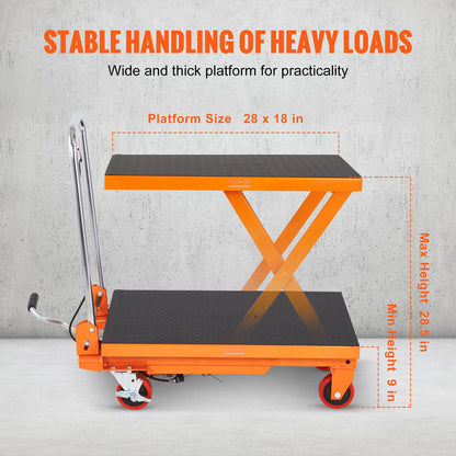 Hydraulic Lift Table Cart, 330lbs Capacity 28.5" Lifting Height, Manual Single Scissor Lift Table with 4 Wheels and Non-slip Pad, Hydraulic Scissor Cart for Material Handling and Transportation