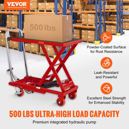 Hydraulic Lift Table Cart, 500lbs Capacity 28.5" Lifting Height, Manual Single Scissor Lift Table with 4 Wheels and Non-slip Pad, Hydraulic Scissor Cart for Material Handling, Red