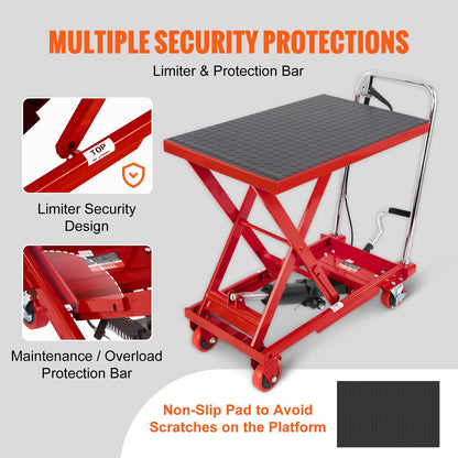 Hydraulic Lift Table Cart, 500lbs Capacity 28.5" Lifting Height, Manual Single Scissor Lift Table with 4 Wheels and Non-slip Pad, Hydraulic Scissor Cart for Material Handling, Red