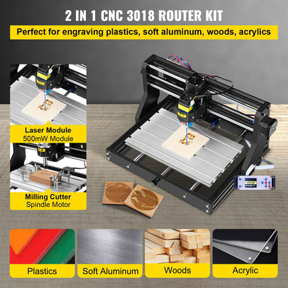 CNC 3018 Pro 500 mW 300 × 180 × 45 mm CNC-Maschine, GRBL-Steuerung, Mini-Lasergravierer mit Offline-Controller, 3-Achsen-Lasergravurmaschine zum Gravieren und Fräsen von Kunststoff, Acryl, PVC und Holz