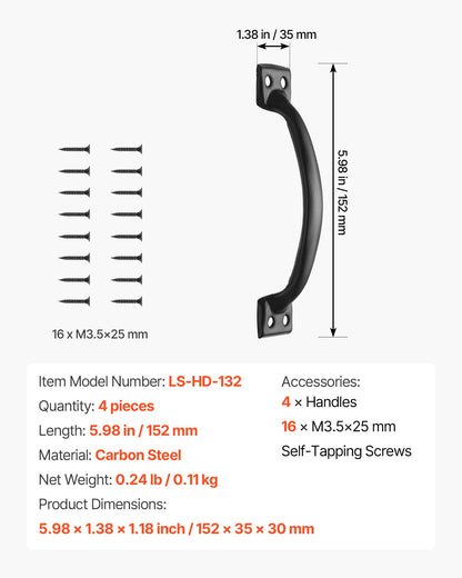 Barn Door Handle, 4Pcs 152 mm Rustic Fence Gate Handle, Rust-Resistant Coating, Heavy Duty Carbon Steel Outdoor Gate Handles, Easy to Install, Metal Sliding Door Pulls for Garage Shed Closet