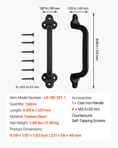 Barn Door Handle, 231 mm Rustic Fence Gate Handle, Rust-Resistant Coating, Heavy Duty Carbon Steel Outdoor Gate Handles, Easy to Install, Metal Sliding Door Pulls for Garage Shed Closet Pantry