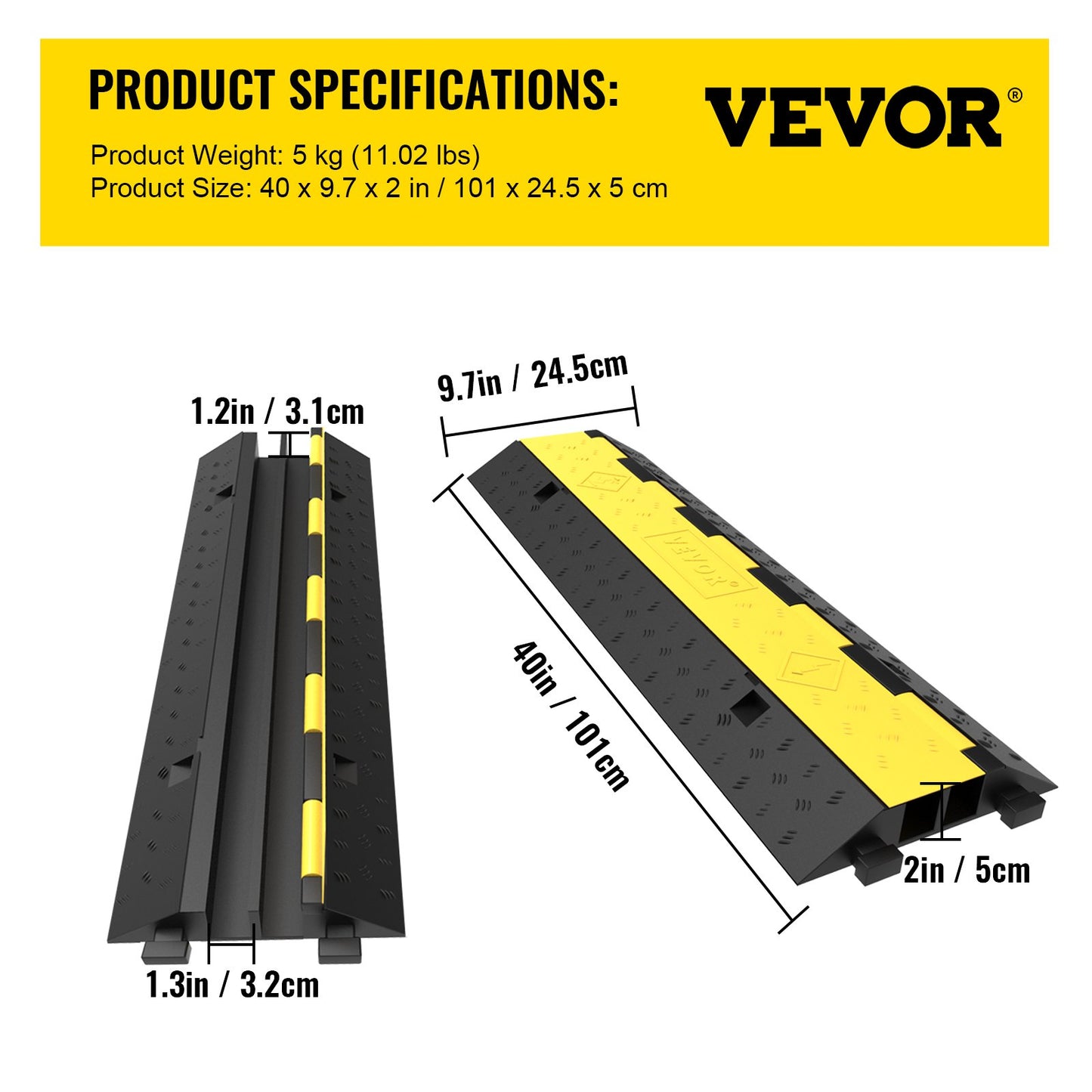 Cable Protector Ramp, 4 Packs 2 Channels Speed Bump Hump, 101x24.5x5 cm Rubber Modular Speed Bump Rated 4989.5 kg Load Capacity, Protective Wire Cord Ramp Driveway Rubber Traffic Speed Bumps Cable Protector
