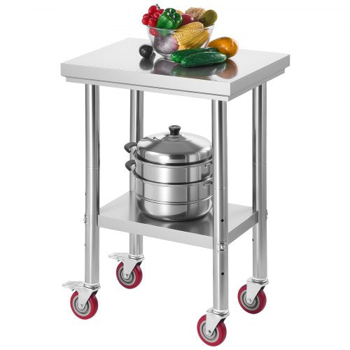 Stainless Steel Table, 61 x 45 cm Food Prep Worktable with Wheels, Kitchen Prep Table with Adjustable Undershelf Workstations for Commercial Kitchen, Restaurant, Hotel and Garage, Outdoor