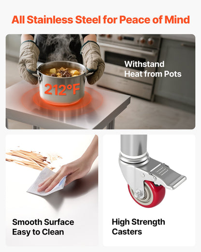 Stainless Steel Table, 61 x 45 cm Food Prep Worktable with Wheels, Kitchen Prep Table with Adjustable Undershelf Workstations for Commercial Kitchen, Restaurant, Hotel and Garage, Outdoor