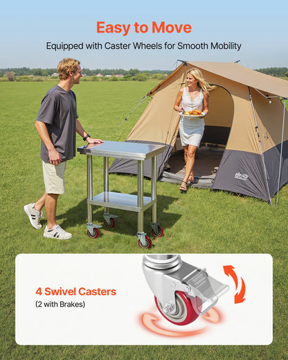 Stainless Steel Table, 61 x 45 cm Food Prep Worktable with Wheels, Kitchen Prep Table with Adjustable Undershelf Workstations for Commercial Kitchen, Restaurant, Hotel and Garage, Outdoor