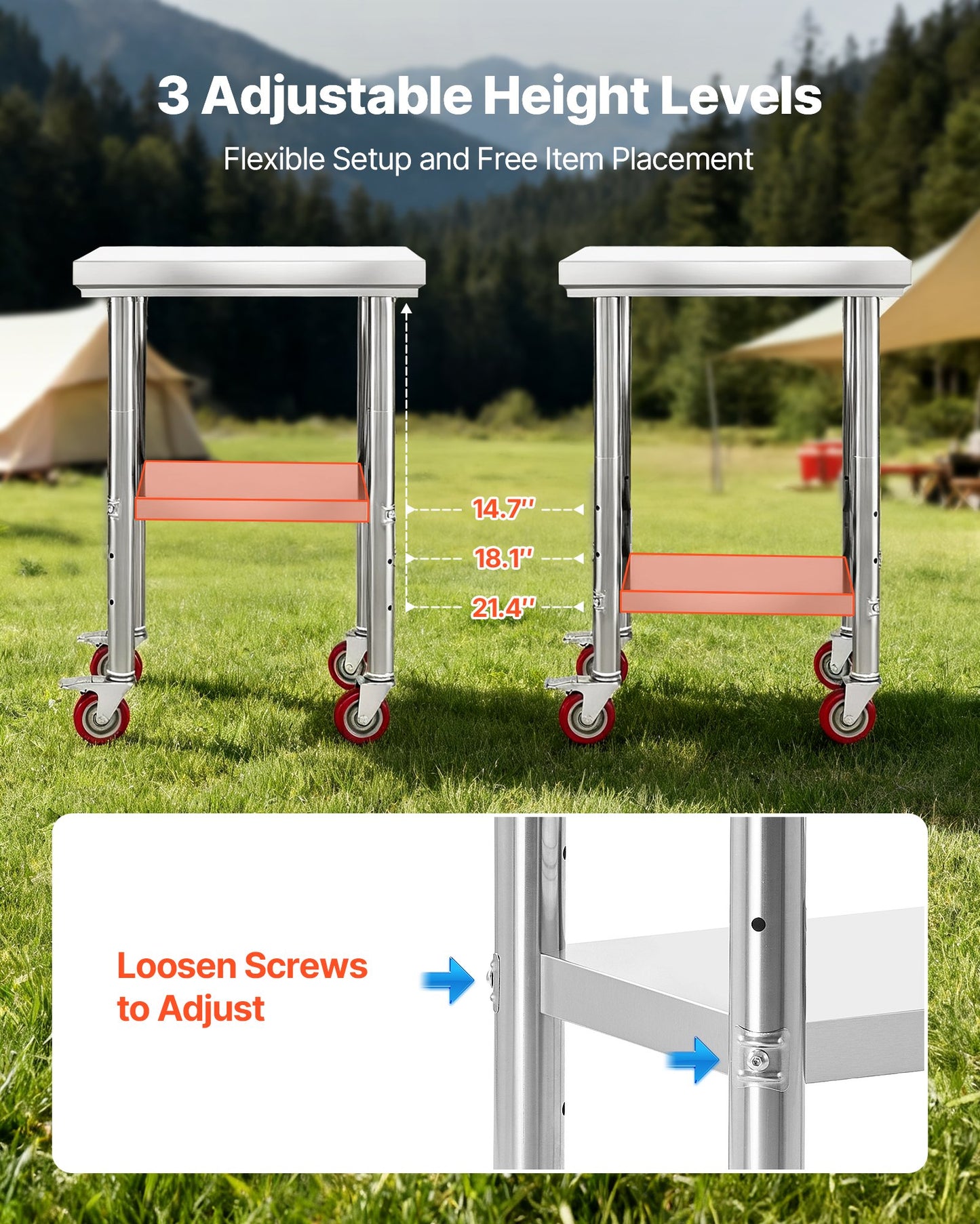 Stainless Steel Table, 61 x 45 cm Food Prep Worktable with Wheels, Kitchen Prep Table with Adjustable Undershelf Workstations for Commercial Kitchen, Restaurant, Hotel and Garage, Outdoor