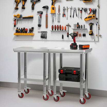 Stainless Steel Table, 61 x 45 cm Food Prep Worktable with Wheels, Kitchen Prep Table with Adjustable Undershelf Workstations for Commercial Kitchen, Restaurant, Hotel and Garage, Outdoor