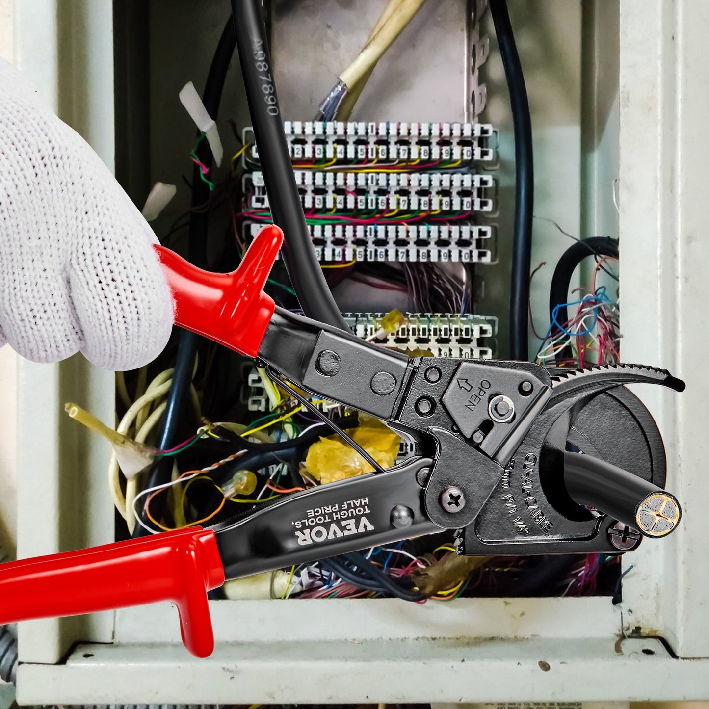 Ratschen-Kabelschneider, 25,4 cm Ratschen-Draht- und Kabelschneider, schneidet bis zu 240 mm², mit komfortablen Griffen, einfach zu bedienendem Schnellspannhebel, Klinge aus Silizium-Mangan-Federstahl