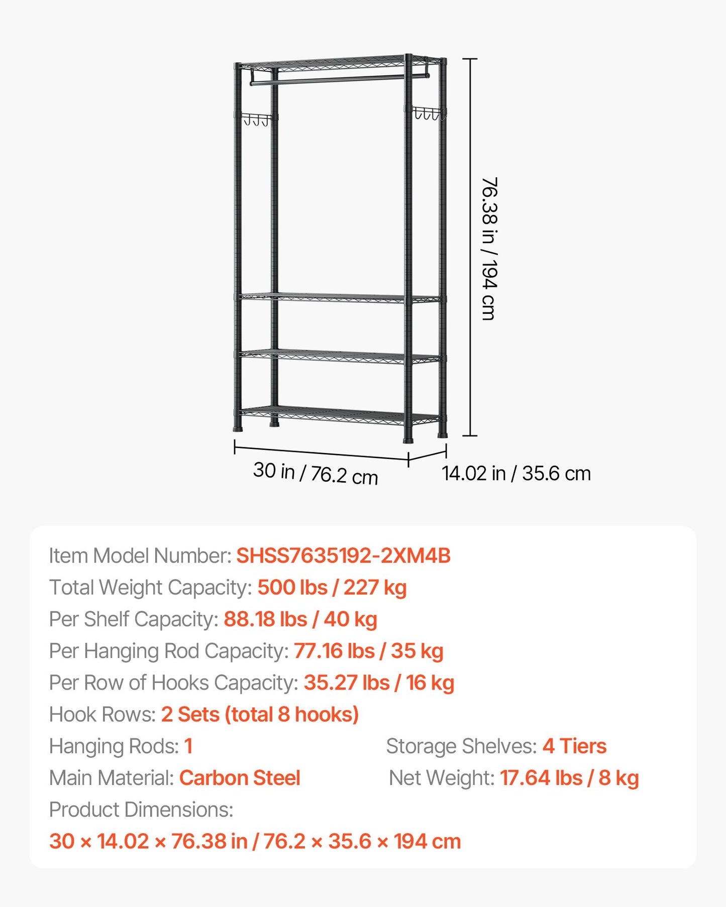 Clothing Garment Rack, Heavy Duty Clothing Garment Rack, 4 Adjustable Tiers Clothing Racks with Carbon Steel, 227 kg Load Capacity Closet Wardrobe for Bedroom, Clothing Store, Hallway