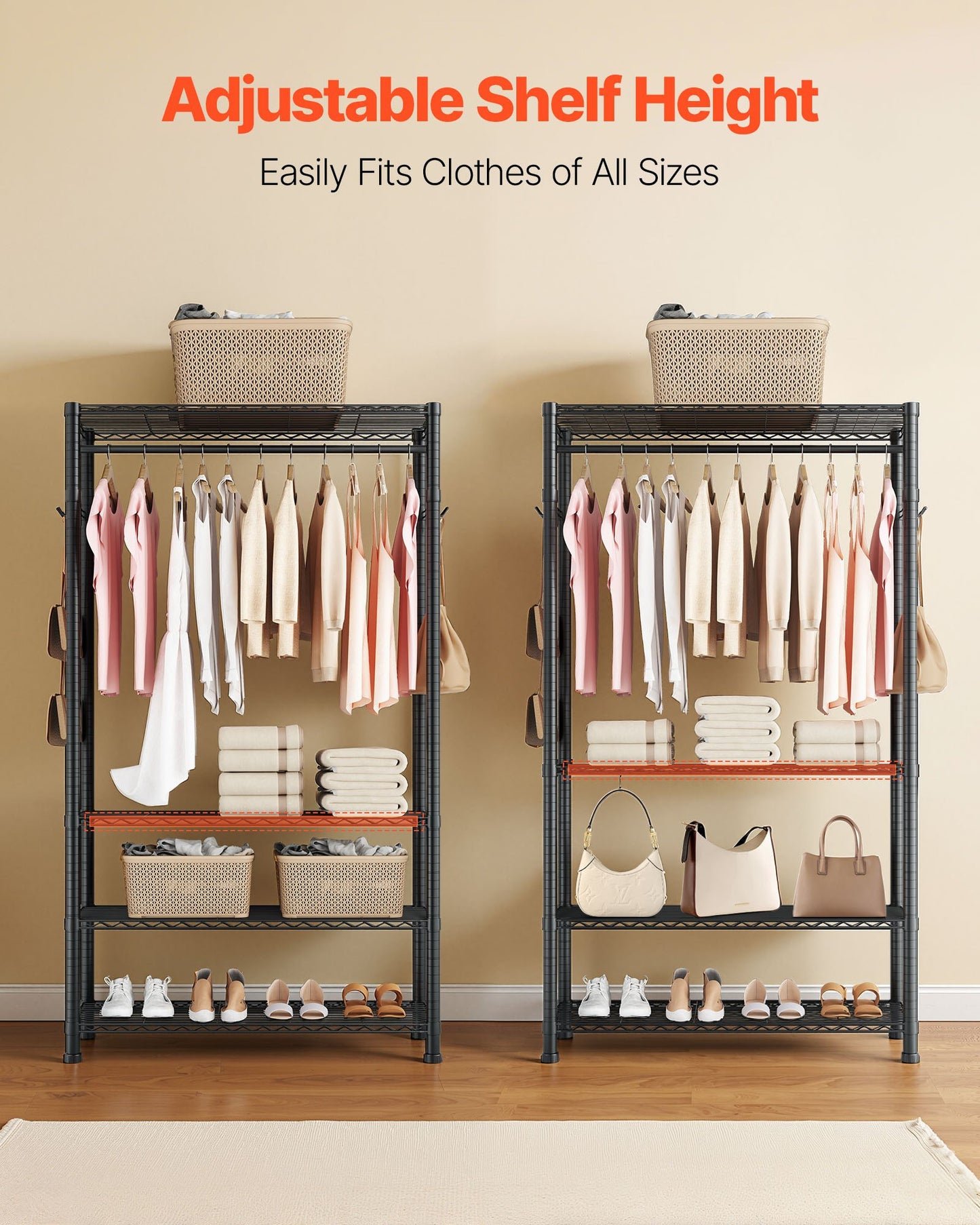 Clothing Garment Rack, Heavy Duty Clothing Garment Rack, 4 Adjustable Tiers Clothing Racks with Carbon Steel, 227 kg Load Capacity Closet Wardrobe for Bedroom, Clothing Store, Hallway