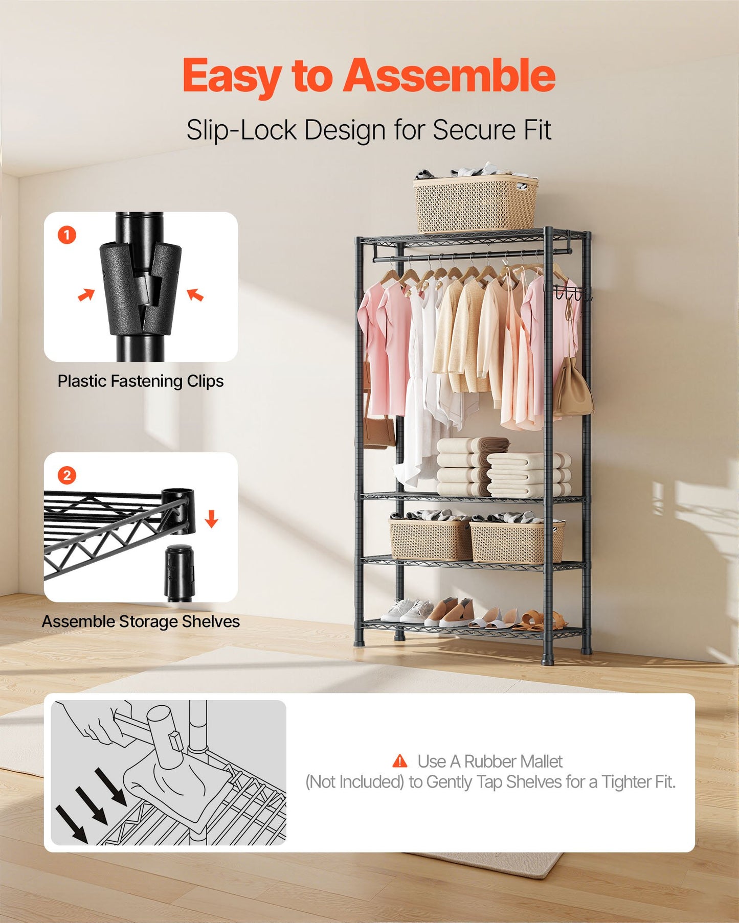 Clothing Garment Rack, Heavy Duty Clothing Garment Rack, 4 Adjustable Tiers Clothing Racks with Carbon Steel, 227 kg Load Capacity Closet Wardrobe for Bedroom, Clothing Store, Hallway