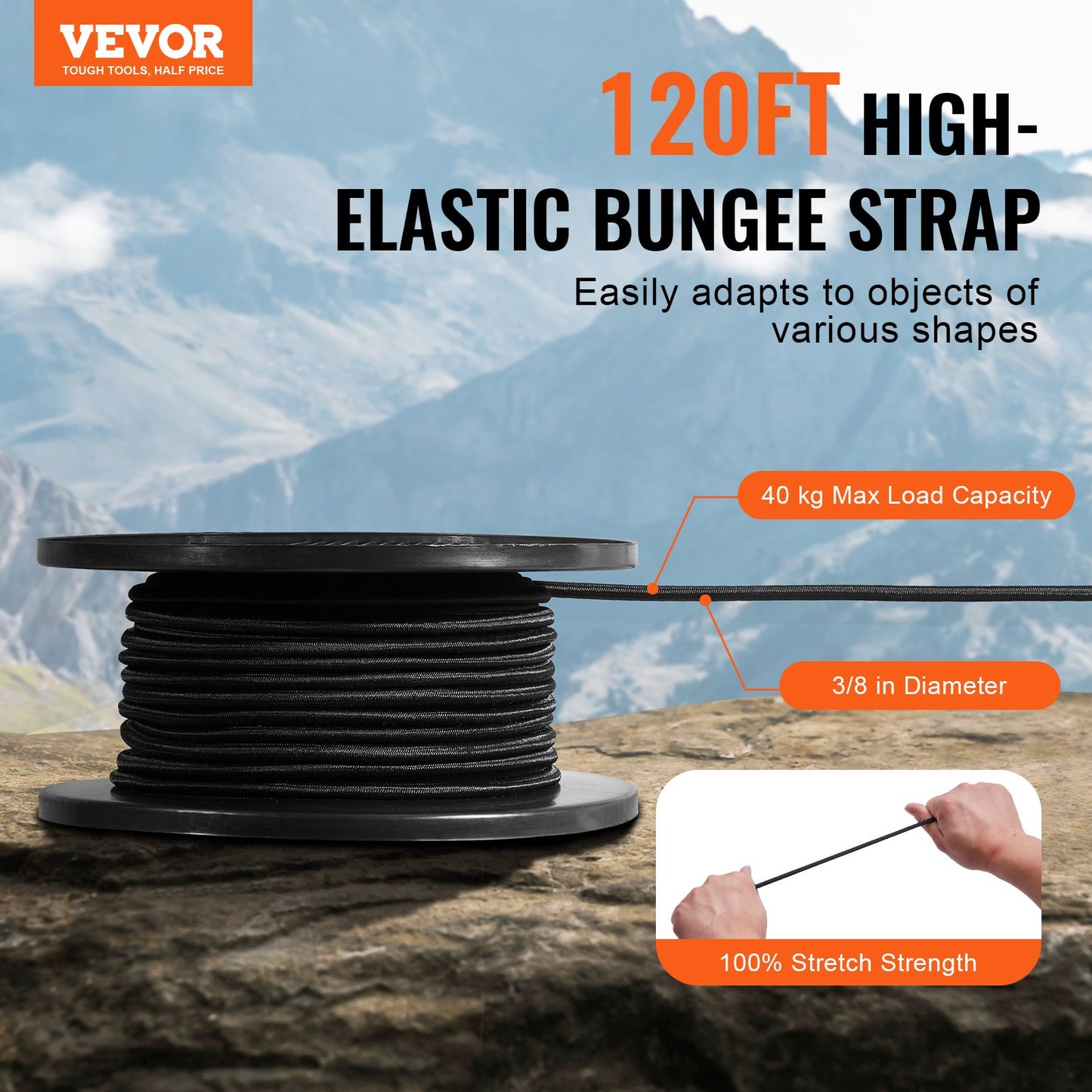 3/8-Zoll-Bungee-Seil, 36 m Spule (120 Fuß), hochbelastbar, 100 % dehnbar, elastisch, für Ladung, Planen, Camping, Kajakdeck und Bastelarbeiten, Schwarz