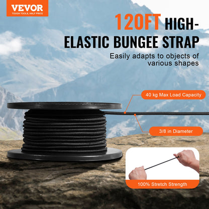 3/8-Zoll-Bungee-Seil, 36 m Spule (120 Fuß), hochbelastbar, 100 % dehnbar, elastisch, für Ladung, Planen, Camping, Kajakdeck und Bastelarbeiten, Schwarz
