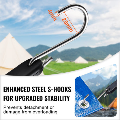 50 Stück flaches Bungee-Seil, 19,8 mm starke, robuste Bungee-Gurte mit Stahl-S-Haken, 53 cm langes elastisches Bungee-Seil für Ladung, Planen, LKW und Zelte, Schwarz