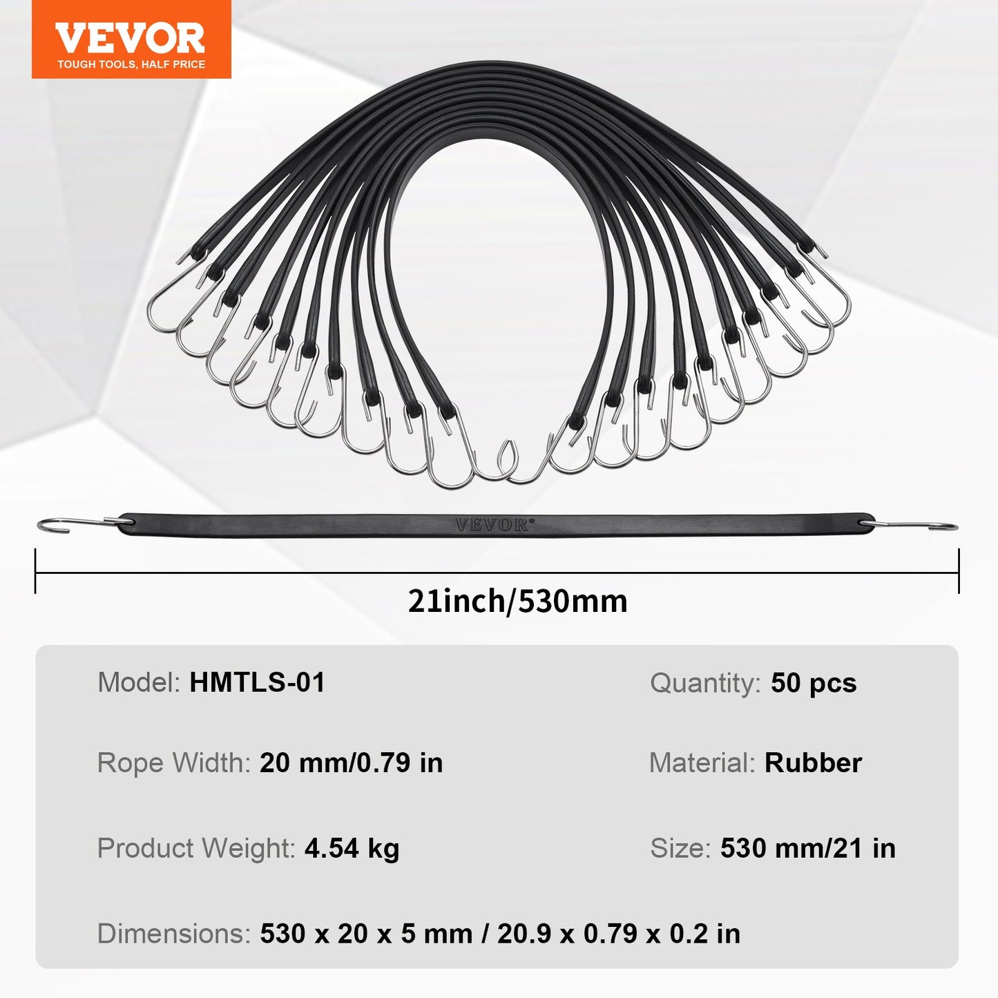 50 Stück flaches Bungee-Seil, 19,8 mm starke, robuste Bungee-Gurte mit Stahl-S-Haken, 53 cm langes elastisches Bungee-Seil für Ladung, Planen, LKW und Zelte, Schwarz