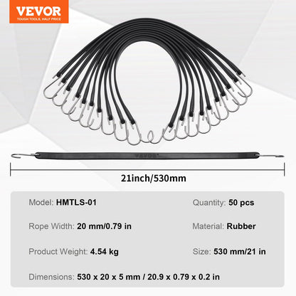 50 Stück flaches Bungee-Seil, 19,8 mm starke, robuste Bungee-Gurte mit Stahl-S-Haken, 53 cm langes elastisches Bungee-Seil für Ladung, Planen, LKW und Zelte, Schwarz