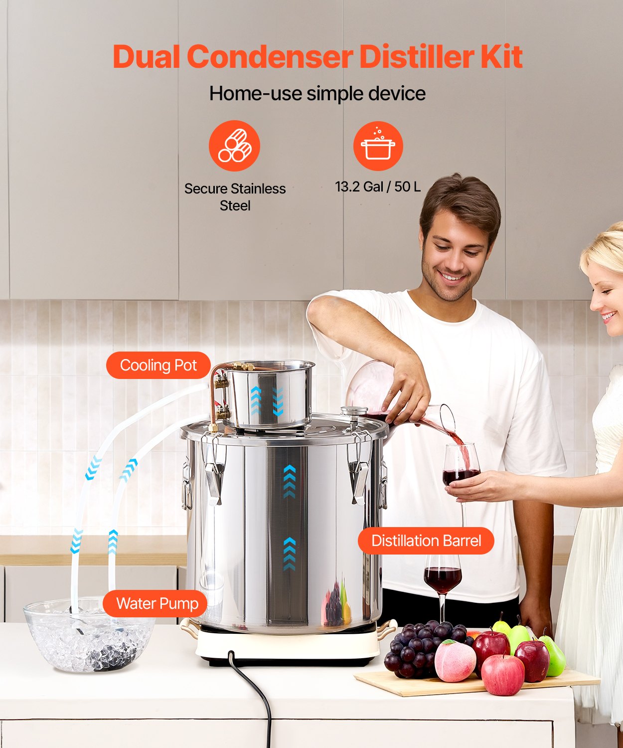 Alcohol Still, 13.2 Gal / 50 L Stainless Steel Water Alcohol Distiller with Copper Coil, Home Brewing Refining Fermentation Kit with Thermometer & Pump, for Wine Whisky Brandy, Silver