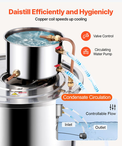 Alcohol Still, 13.2 Gal / 50 L Stainless Steel Water Alcohol Distiller with Copper Coil, Home Brewing Refining Fermentation Kit with Thermometer & Pump, for Wine Whisky Brandy, Silver