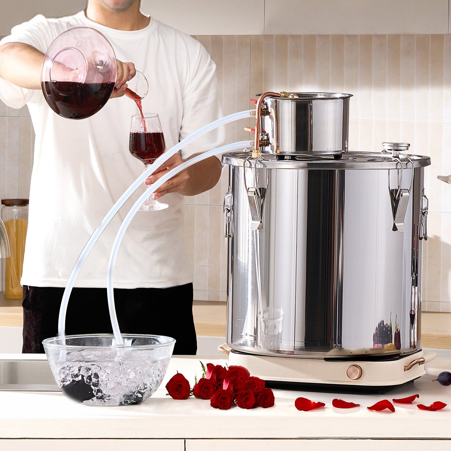 Alcohol Still, 13.2 Gal / 50 L Stainless Steel Water Alcohol Distiller with Copper Coil, Home Brewing Refining Fermentation Kit with Thermometer & Pump, for Wine Whisky Brandy, Silver