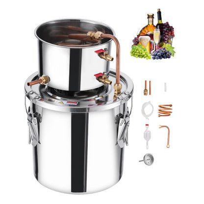 Alcohol Still, 3 Gal / 11.4 L Stainless Steel Water Alcohol Distiller with Copper Coil, Home Brewing Refining Fermentation Kit with Thermometer, for Wine Whisky Brandy, Silver