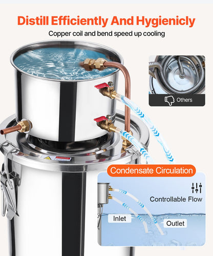 Alcohol Still, 3 Gal / 11.4 L Stainless Steel Water Alcohol Distiller with Copper Coil, Home Brewing Refining Fermentation Kit with Thermometer, for Wine Whisky Brandy, Silver