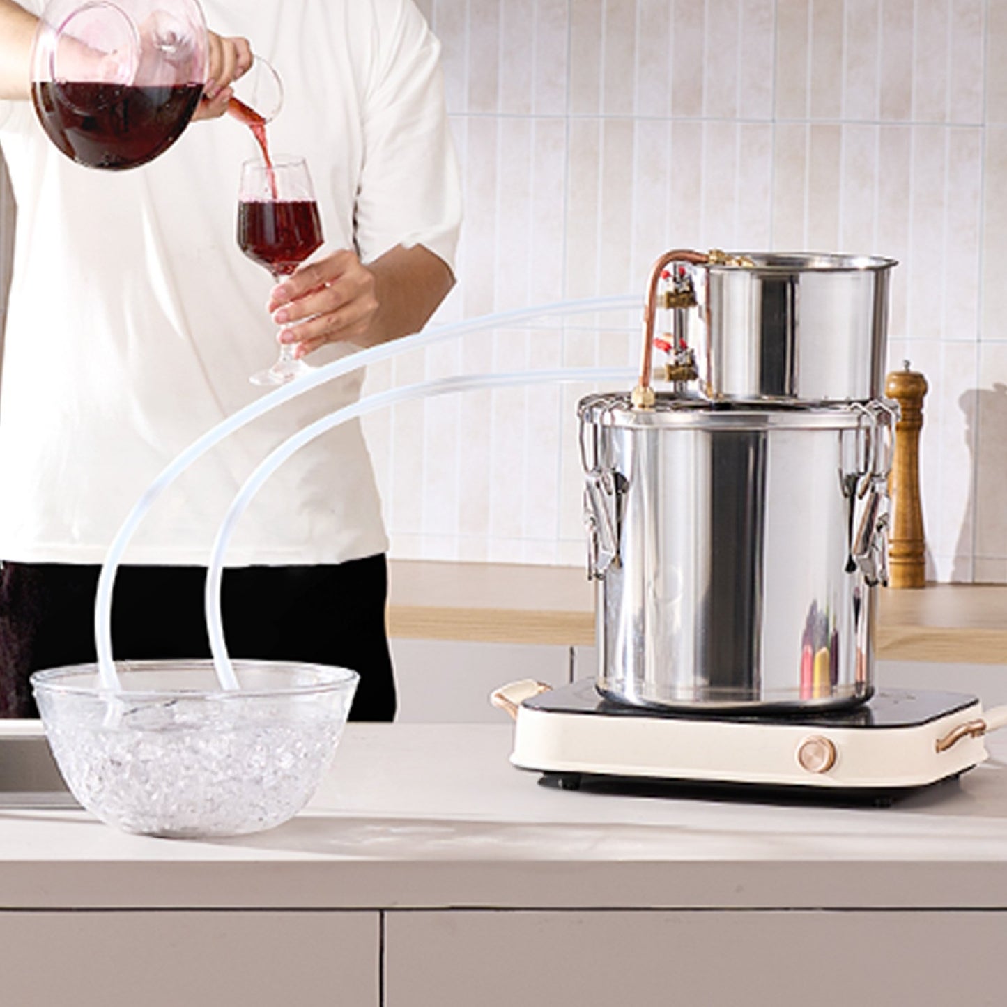 Alcohol Still, 3 Gal / 11.4 L Stainless Steel Water Alcohol Distiller with Copper Coil, Home Brewing Refining Fermentation Kit with Thermometer, for Wine Whisky Brandy, Silver