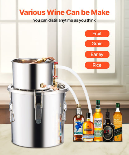 Alcohol Still, 3 Gal / 11.4 L Stainless Steel Water Alcohol Distiller with Copper Coil, Home Brewing Refining Fermentation Kit with Thermometer & Pump, for Wine Whisky Brandy, Silver